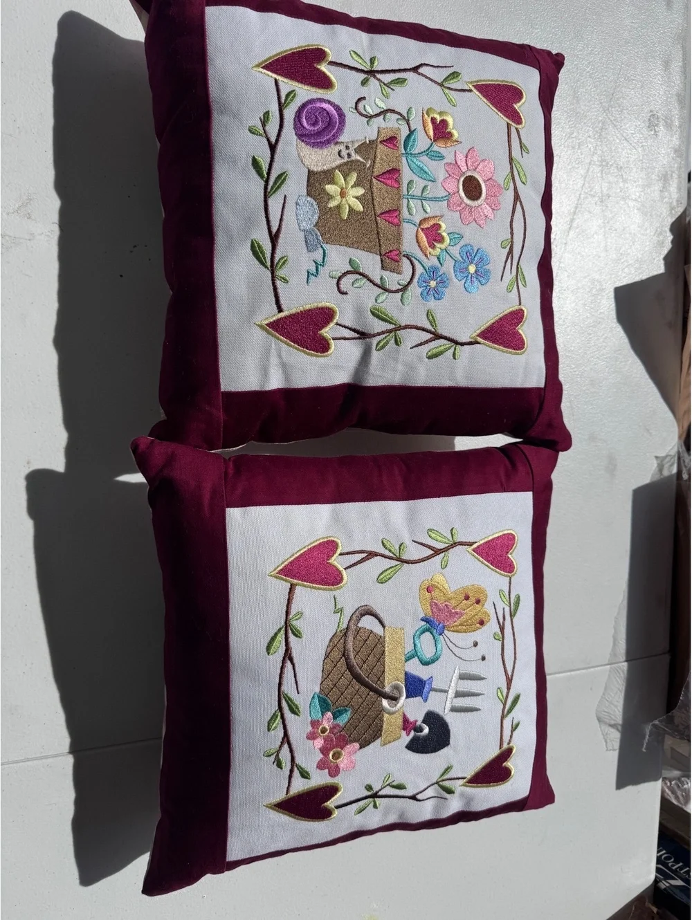 Set 2 Embroidered Garden Throw Pillows Birdhouse Gardening Tools Burgundy 13”